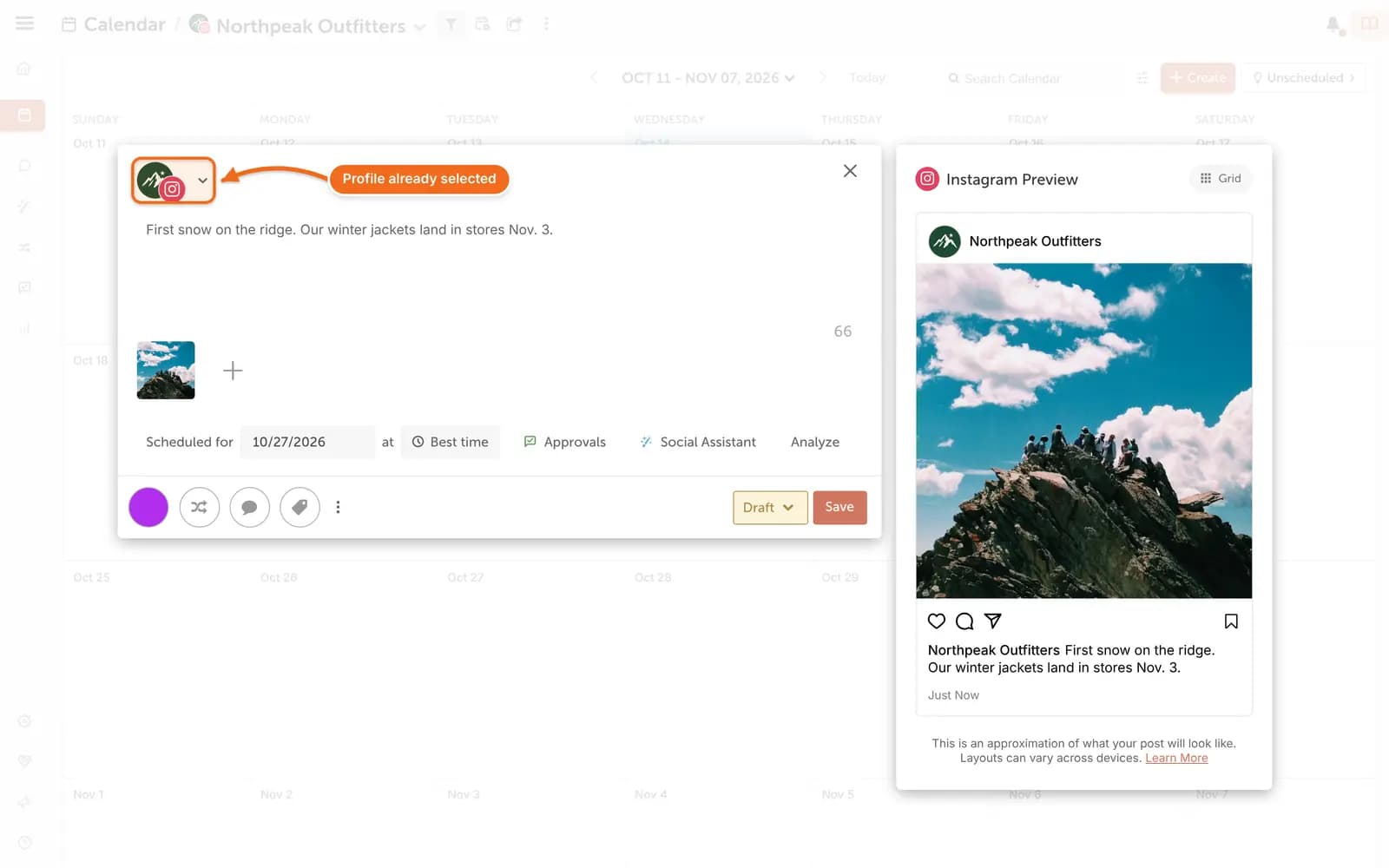 social profile calendars composer profile selected