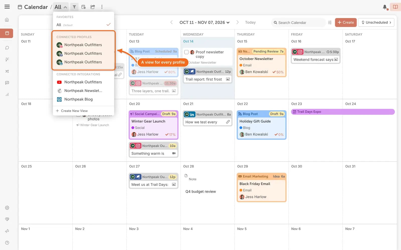 social profile calendars connected profiles menu