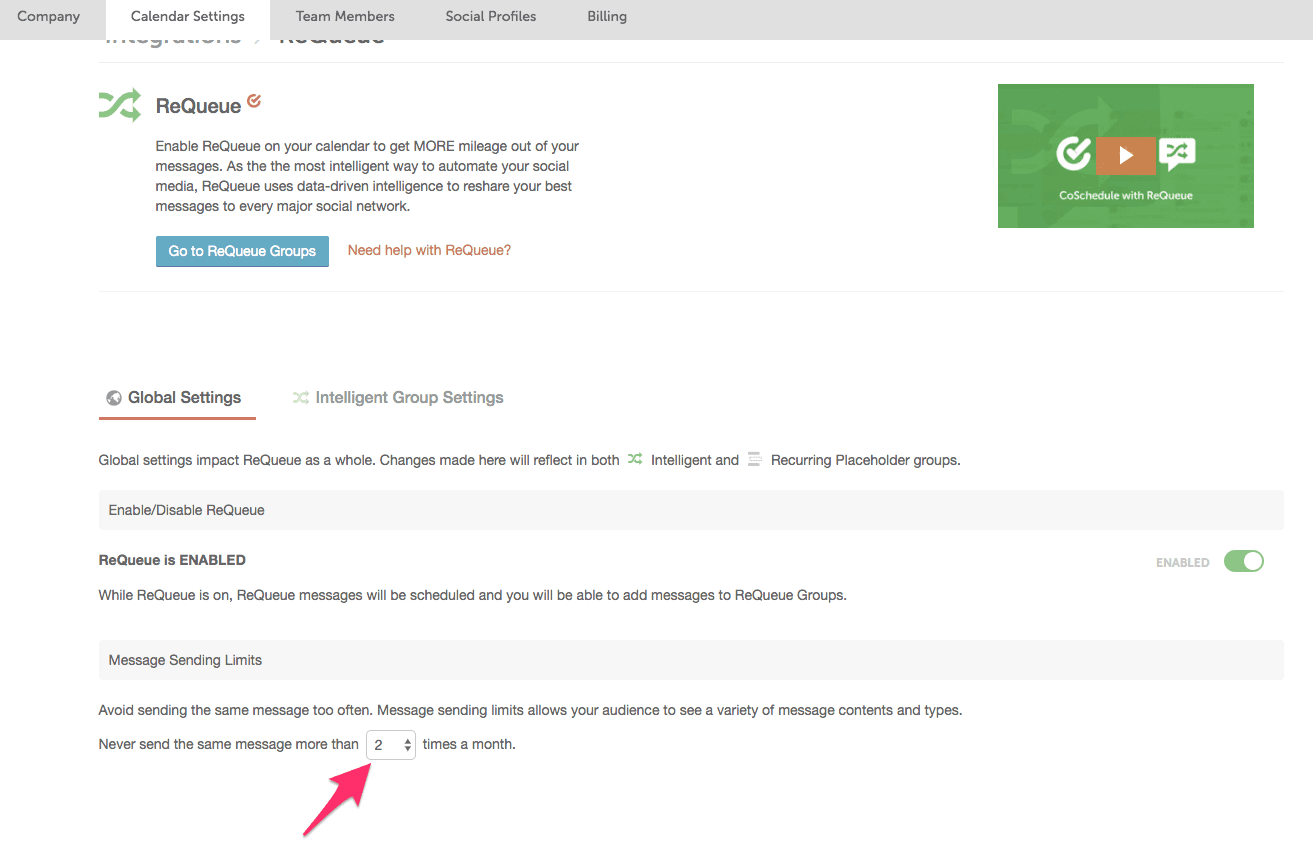 Change sending limits at the bottom ReQueue settings in Calendar Settings.