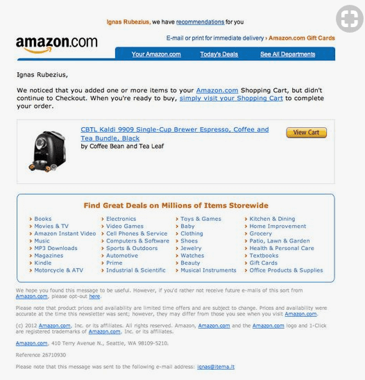 Amazon Abandoned Cart Email Example