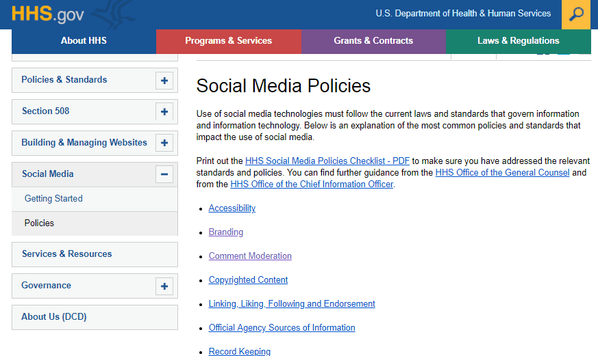 Social Media Policies from the U.S. Dept of Health and Human Services