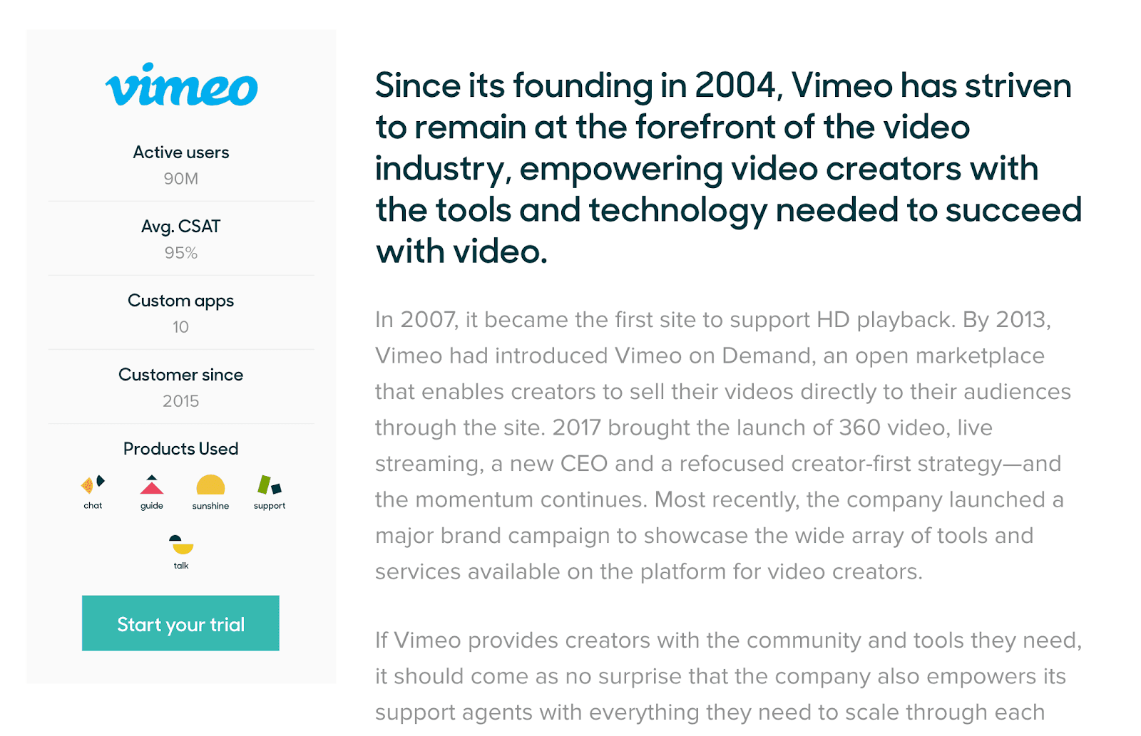 An example of a Vimeo customer success story with Zendesk