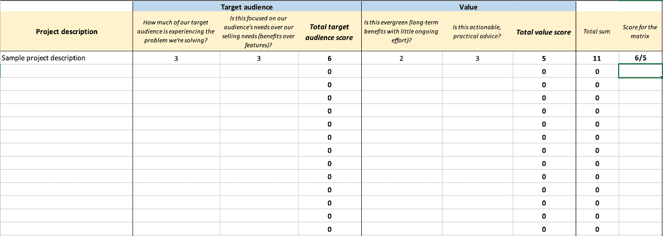 Spreadsheet of a sample project description