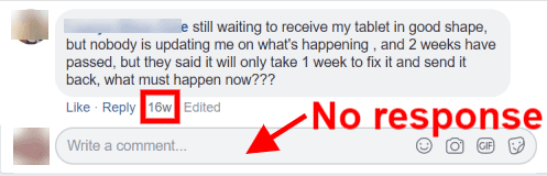 Screenshot of customer comment on Facebook and no response from company