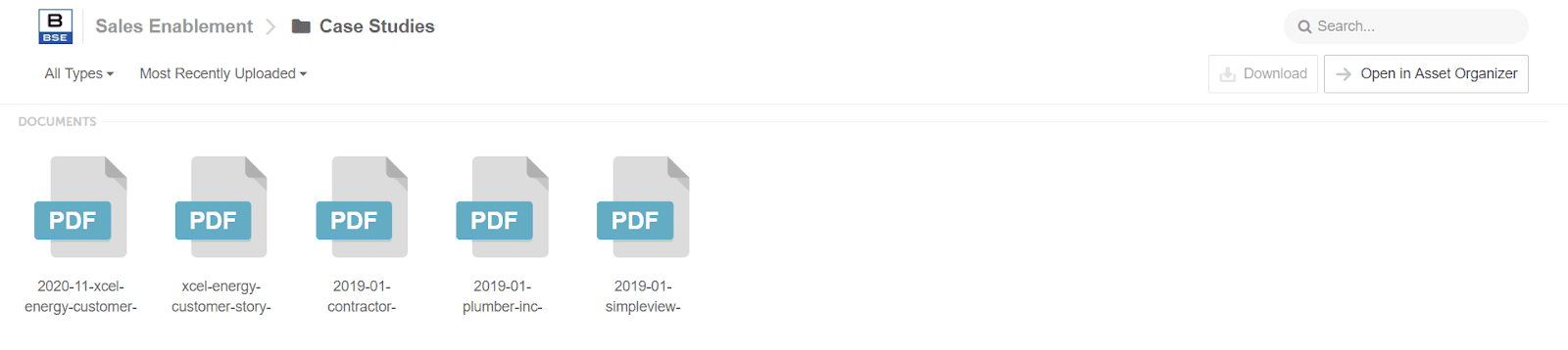 A single internal team folder in asset organizer with PDF files