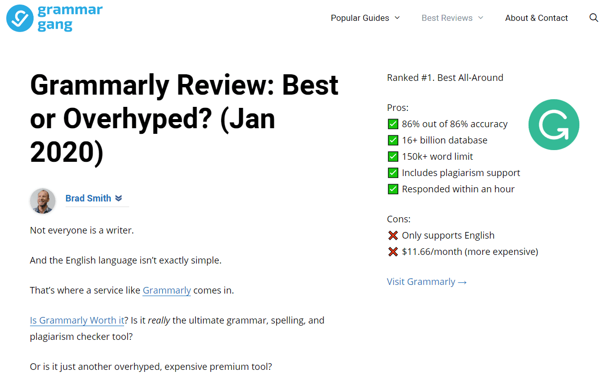 Grammar Gang reviews various grammar tools. Grammarly Review: Best or Overhyped? review article