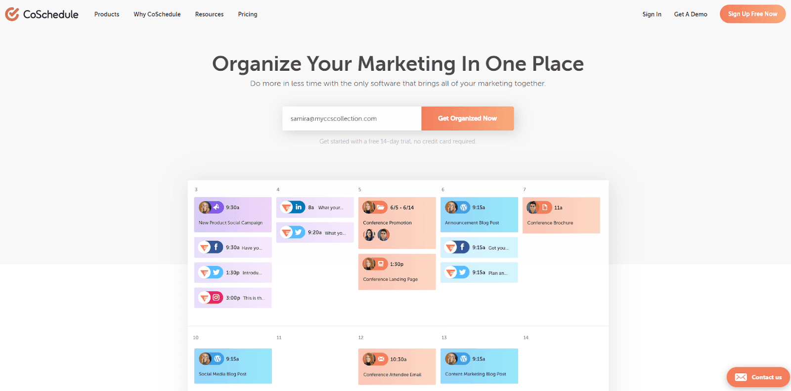 CoSchedule homepage screenshot "Organize Your Marketing In One Place"