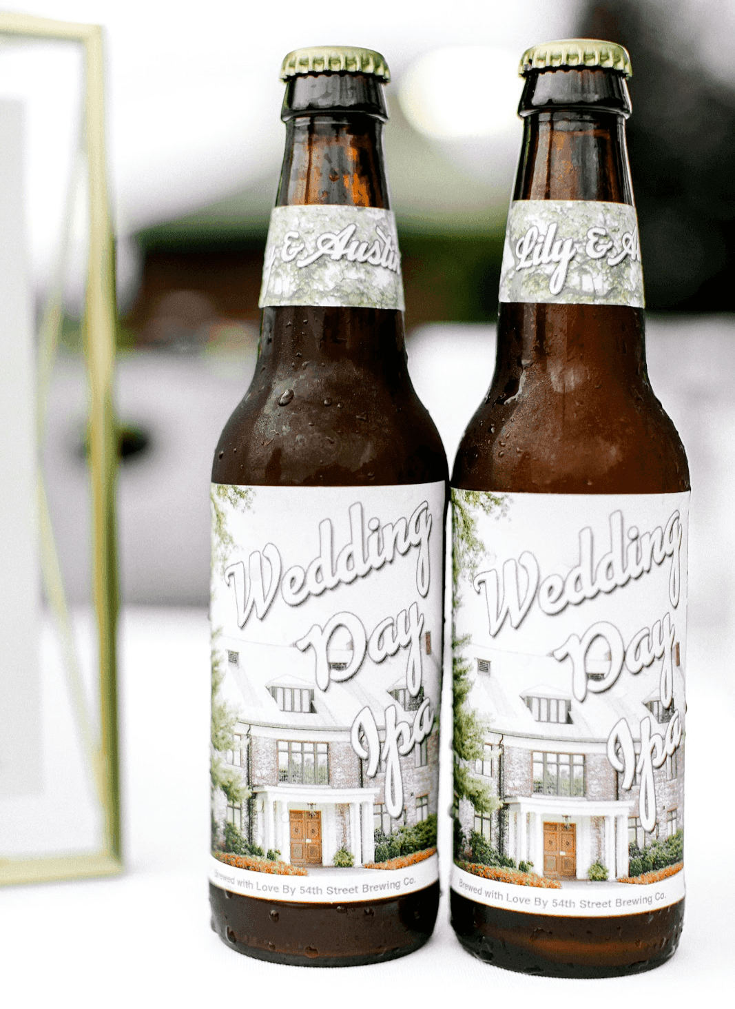 Customized beer labels that read "Wedding Day IPA"