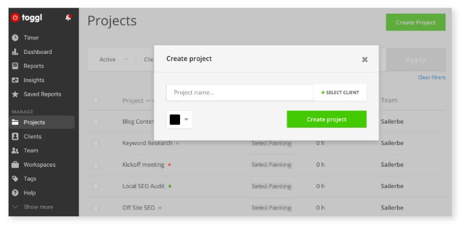 Create a toggl account to start managing projects 