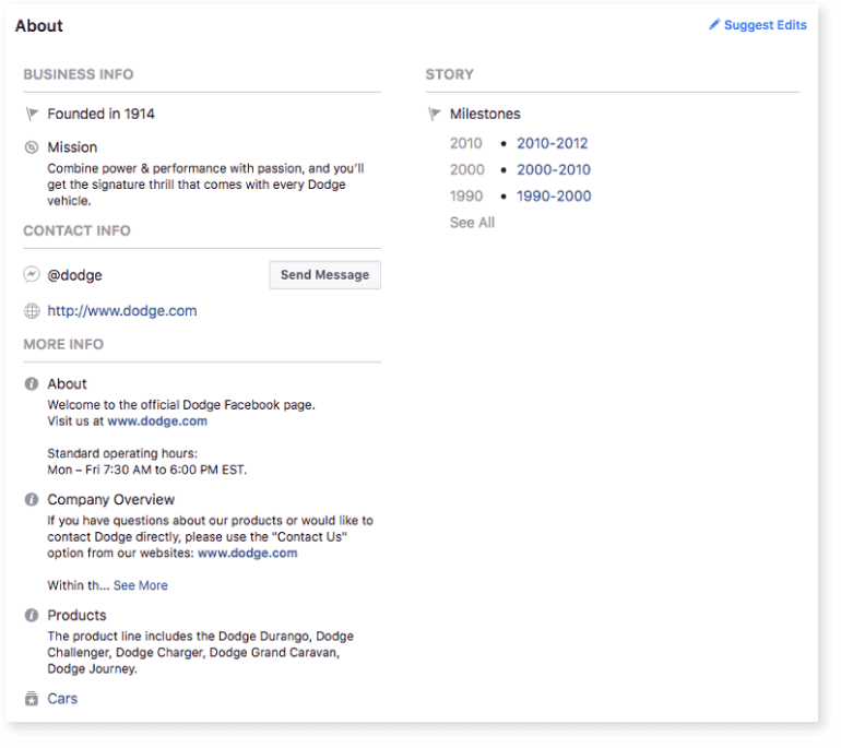 Example of an "About Us" page from Dodge on Facebook 