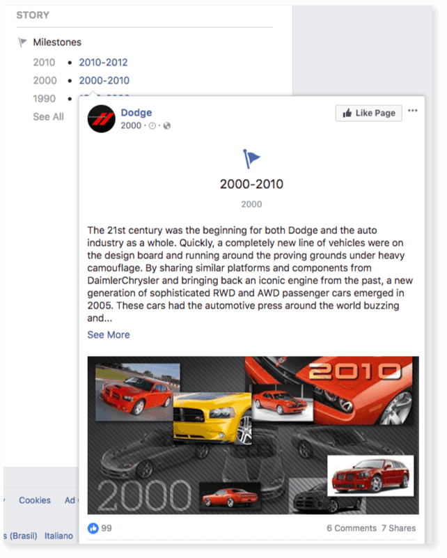 Example of the milestone feature in Facebook on the "About Us" page for Dodge