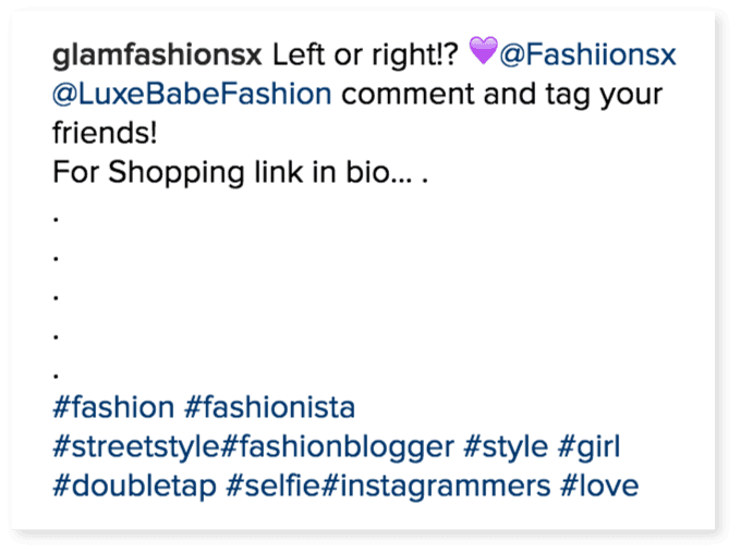 Example of listing hashtags at the end of an Instagram caption