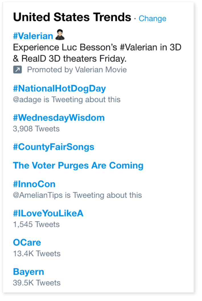 Example of trending hashtags on Twitter