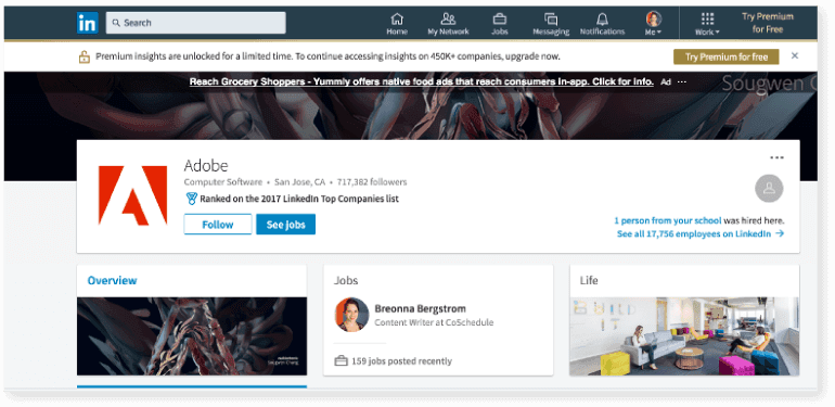 Adobe LinkedIn profile page