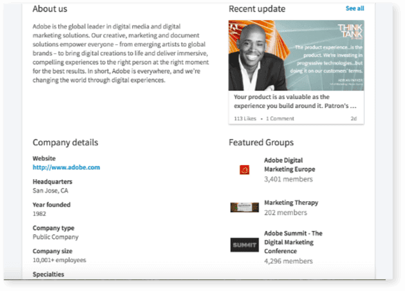 Adobe "About Us" section on LinkedIn profile