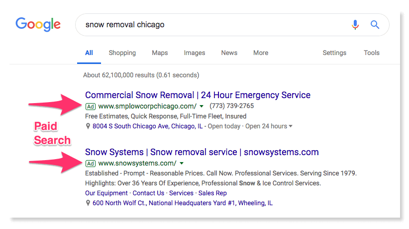 Google search for snow removal in Chicago