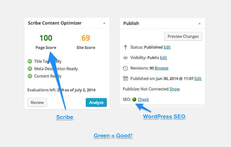 Both WordPress SEO plugin and Scribe will visually show you how your articles ranks SEO-wise.