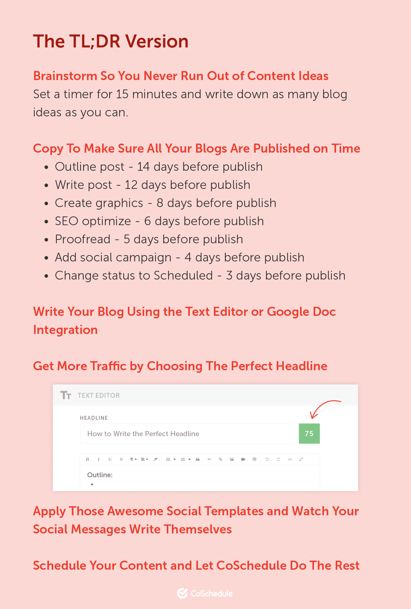 TL;DR Version. Brainstorm So You Never Run Out of Content Ideas. Copy To Make Sure All Your Blogs Are Published on Time. Write Your Blog Using The Text Editor or Google Doc Integration. Get More Traffic by Choosing The Perfect Headline. Apply Those Awesome Social Templates and Watch Your Social Messages Write Themselves. Schedule Your Content and Let CoSchedule Do The Rest