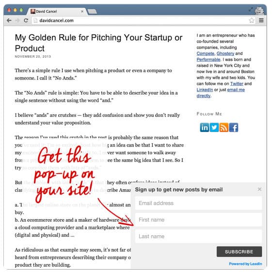 Leadin offers a simple slidein lead form to collect data from visitors.