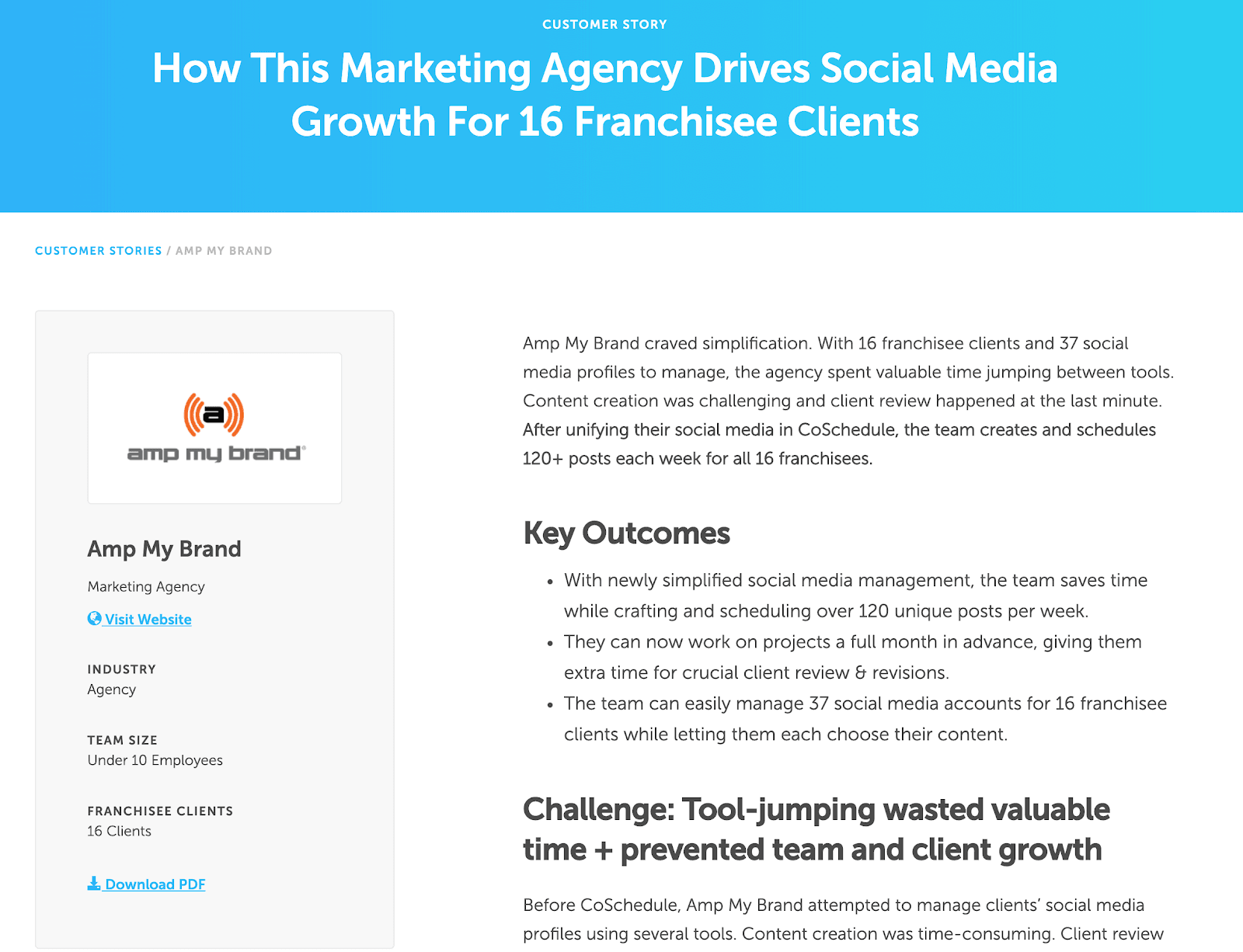 An example from a customer success story form Amp My Brand