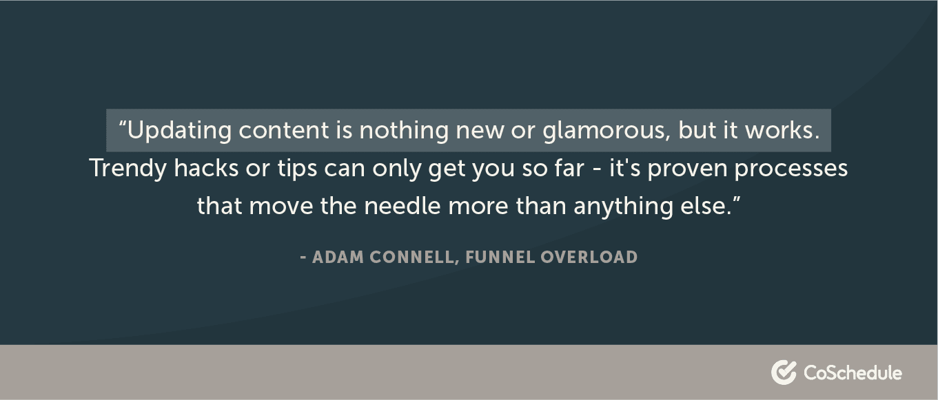 "Updating content is nothing new or glamorous, but it works. Trendy hacks or tips can only get you so far - it's proven processes that move the needle more than anything else." - Adam Connell, Funnel Overload