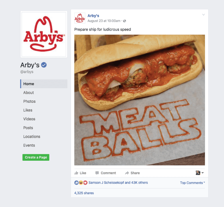 Facebook post from Arby's