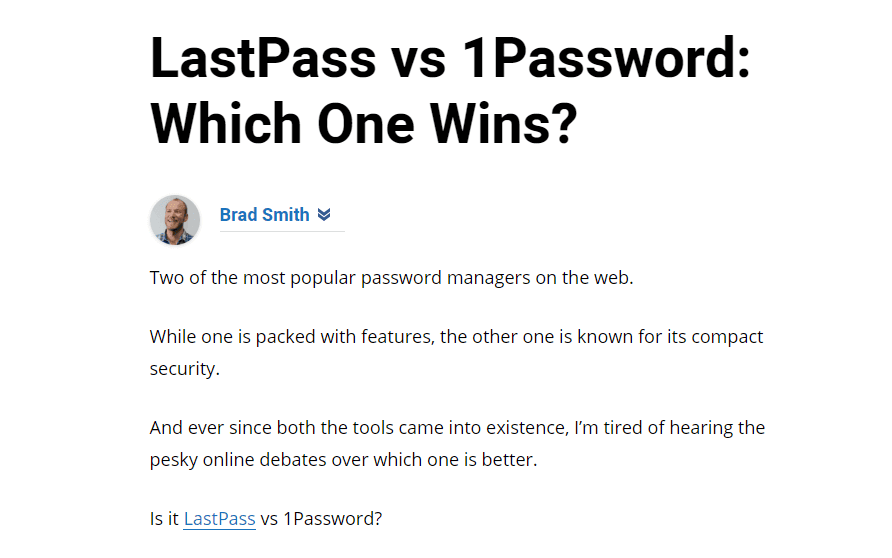 Article by Brad Smith about whether LastPass or 1Password is superior