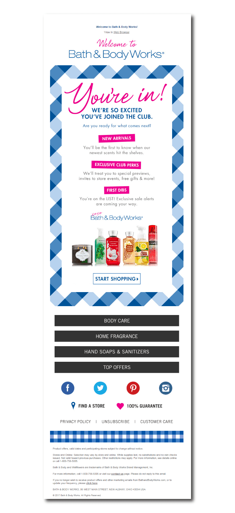 Example of a welcome email from Bath and Body Works