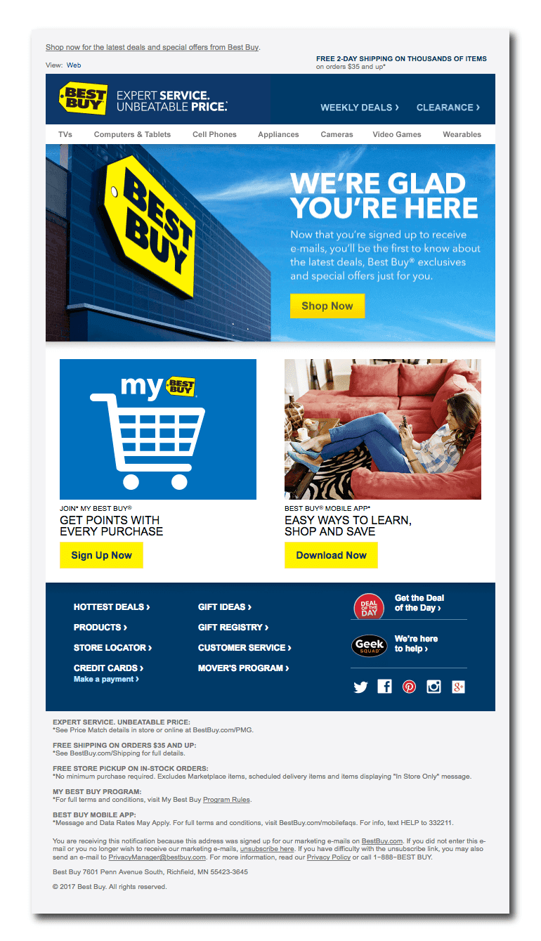 Example of a welcome email from Best Buy