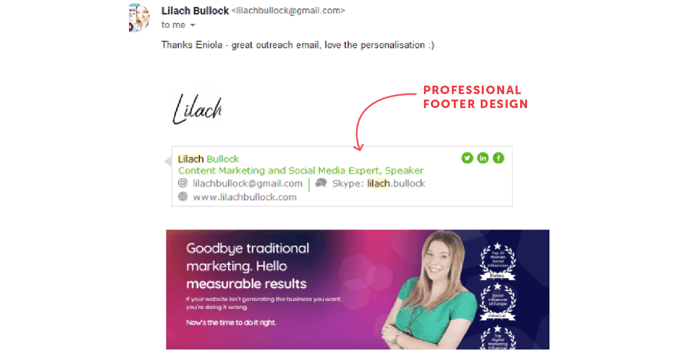 Email footer from Lilach Bullock with a professional-looking design