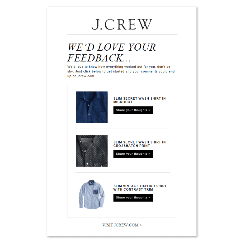 Example of product feedback request from J. Crew