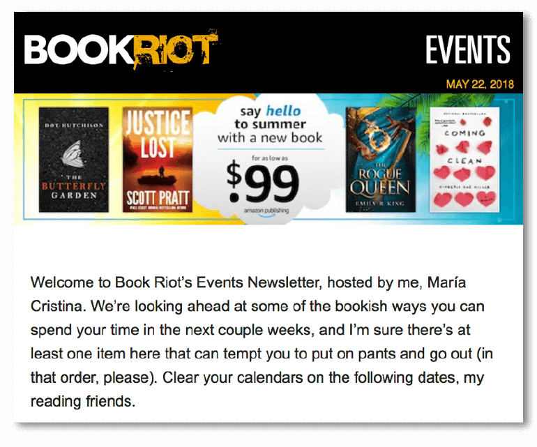 Sample email intro from Book Riot
