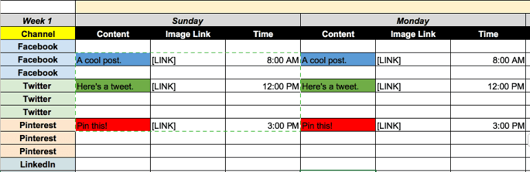 Example of a social media calendar