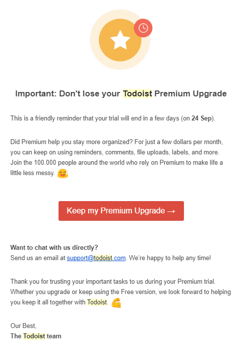 Todoist premium trial ending email screenshot