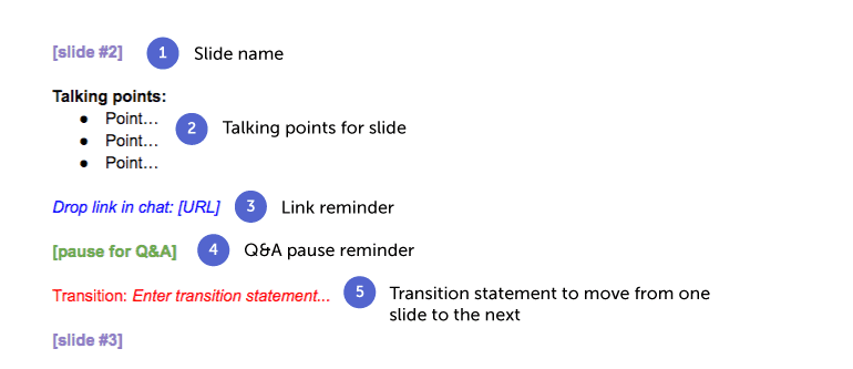 Color-coded content layout for a webinar