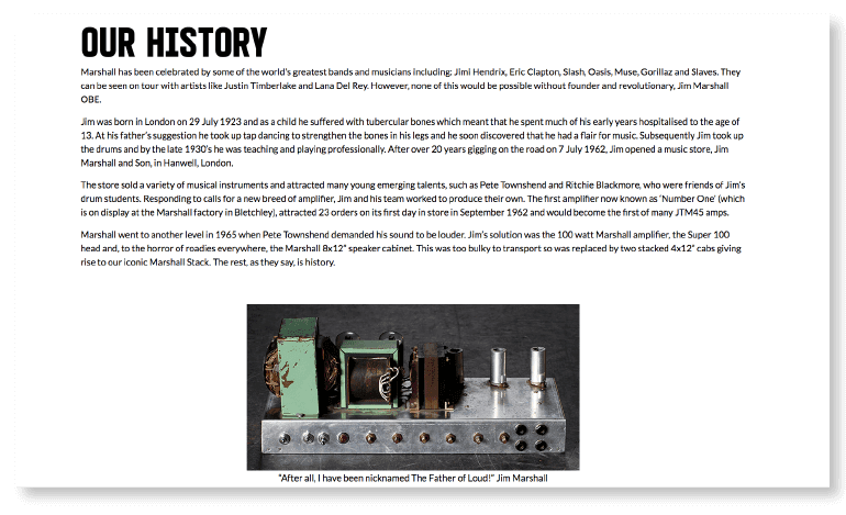 Example of a company history page from Marshall