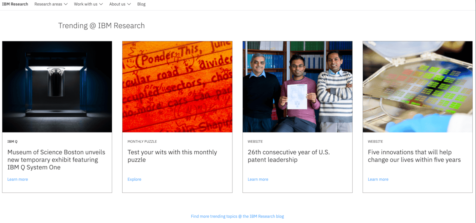IBM's research hub menu with different blog post options