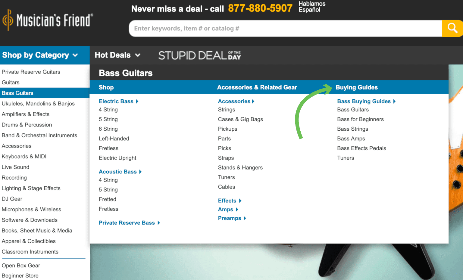 Musician's Friend blog dropdown menu for purchases and deals