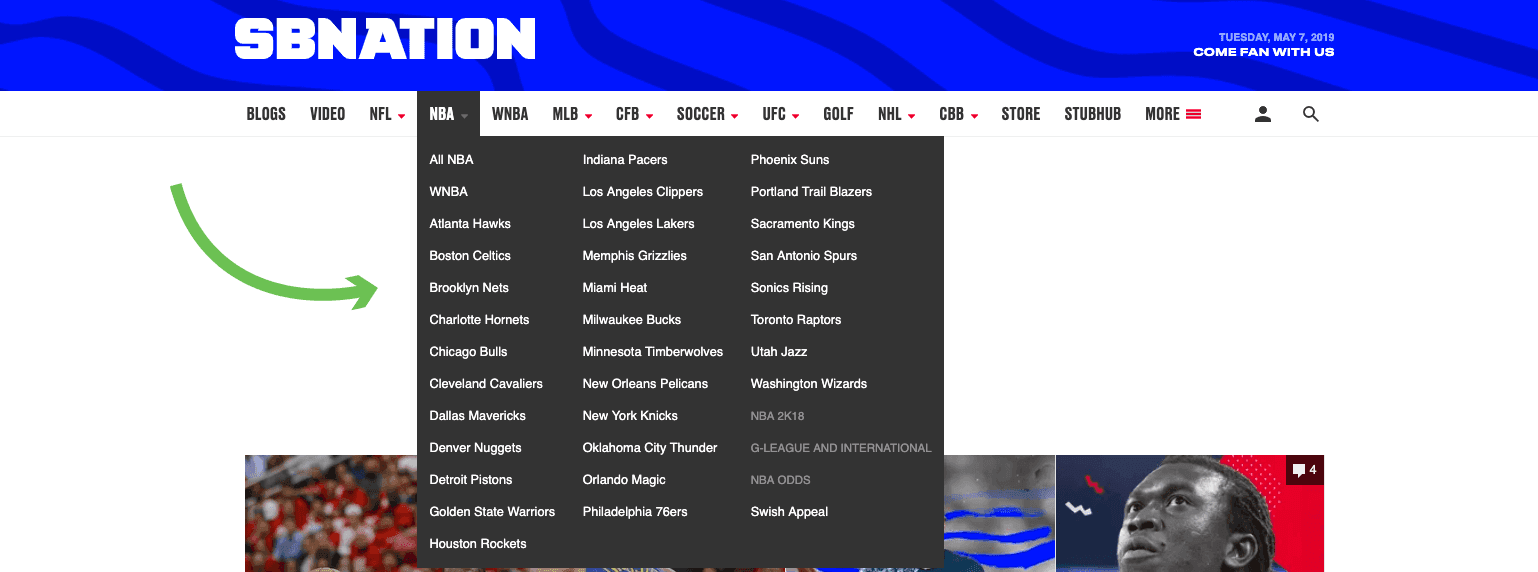 SBNation blog homepage with demonstrated dropdown menu