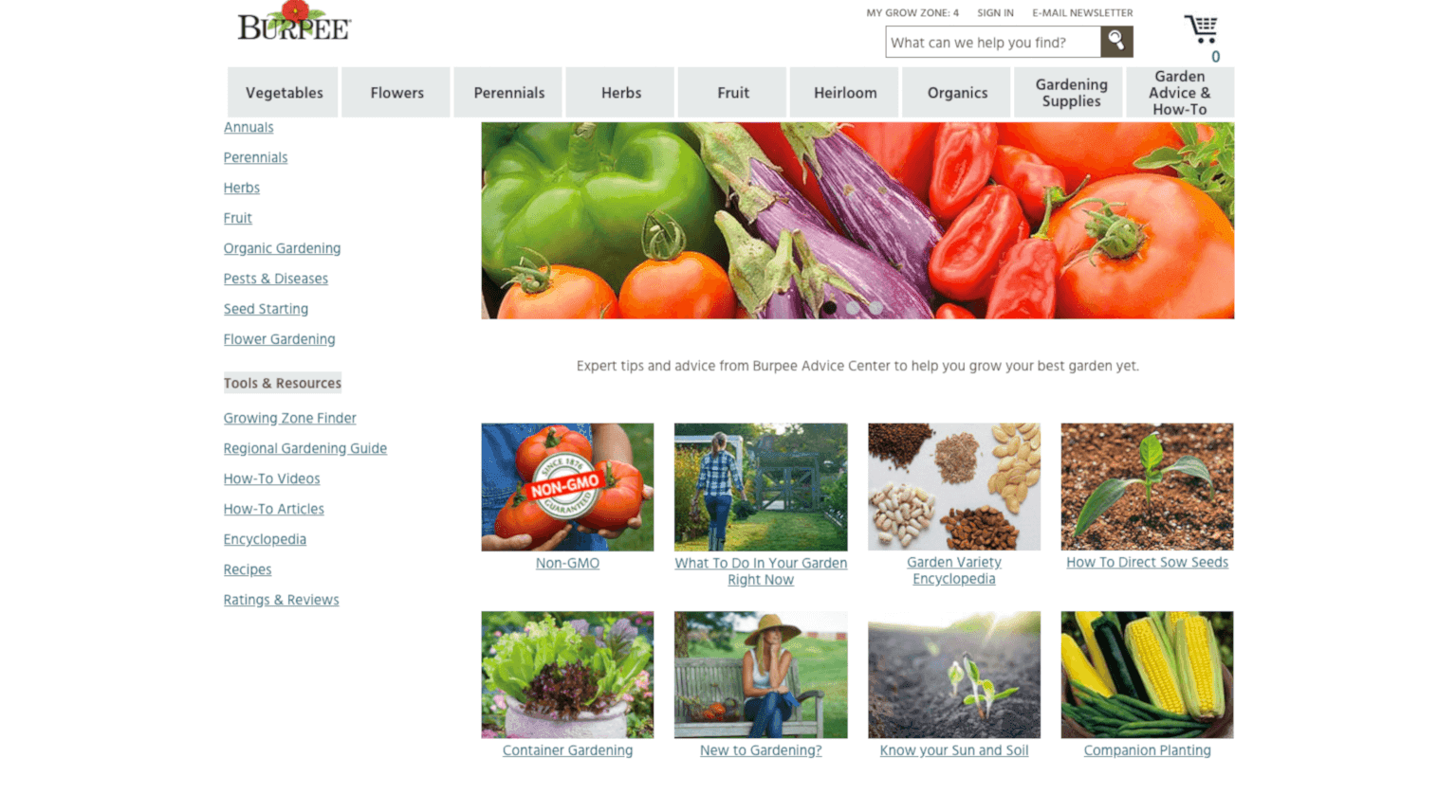 Burpee main blog page navigation about gardening