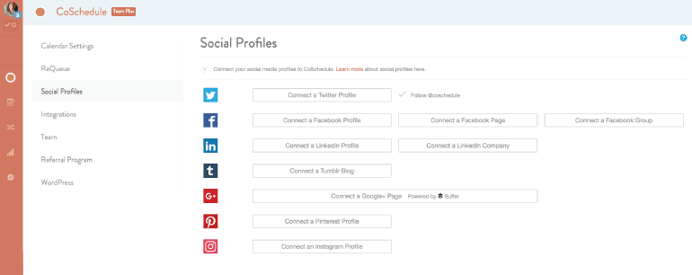 Selecting social profiles in CoSchedule