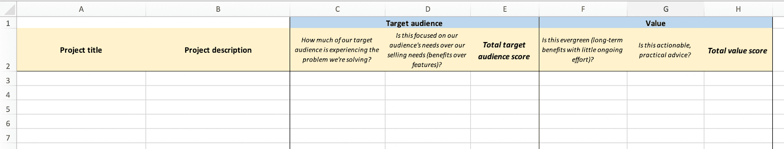 Blank spreadsheet for project layouts