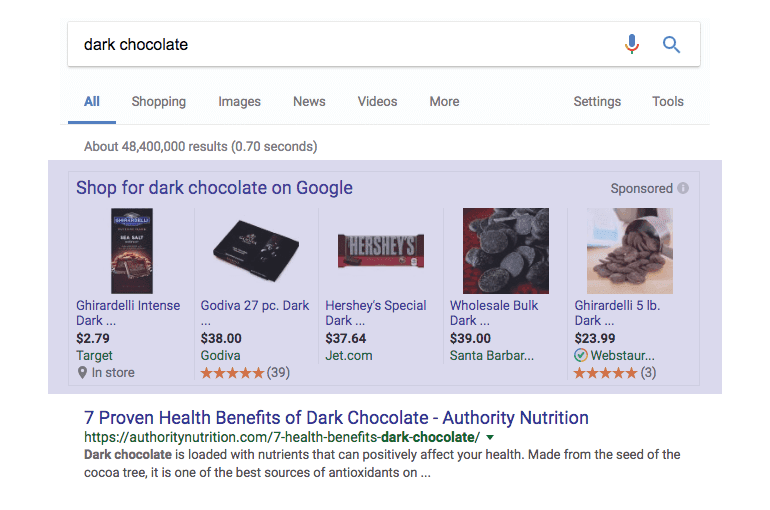 Dark chocolate shopping search results in Google