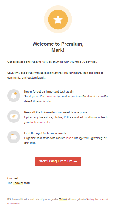 Todoist email after upgrading to Premium trial screenshot