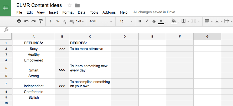 Spreadsheet for ELMR-based content ideas