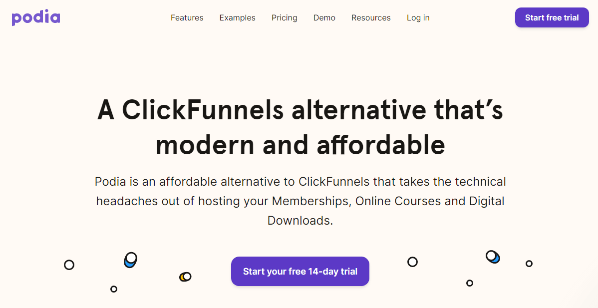 Podia homepage where it's comparing itself to ClickFunnels