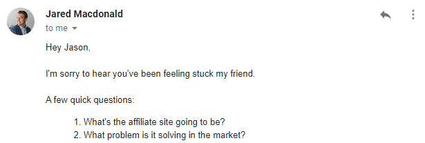 Email between Jared Macdonald and Jason - Jared asking questions