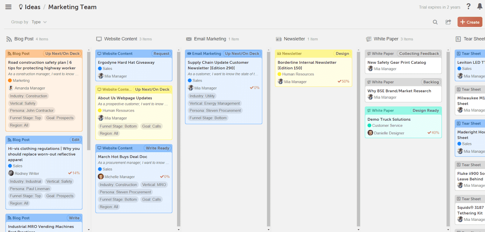 Screenshot of the Project Type view in CoSchedule