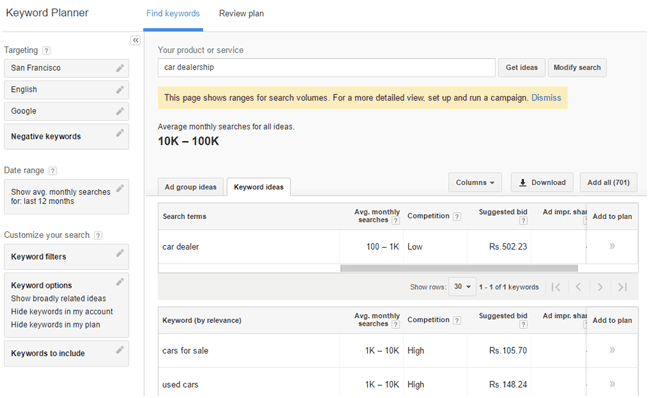 Find keywords in the Keyword Planner