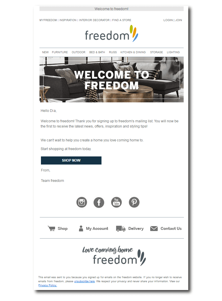 Example of a welcome email from Freedom
